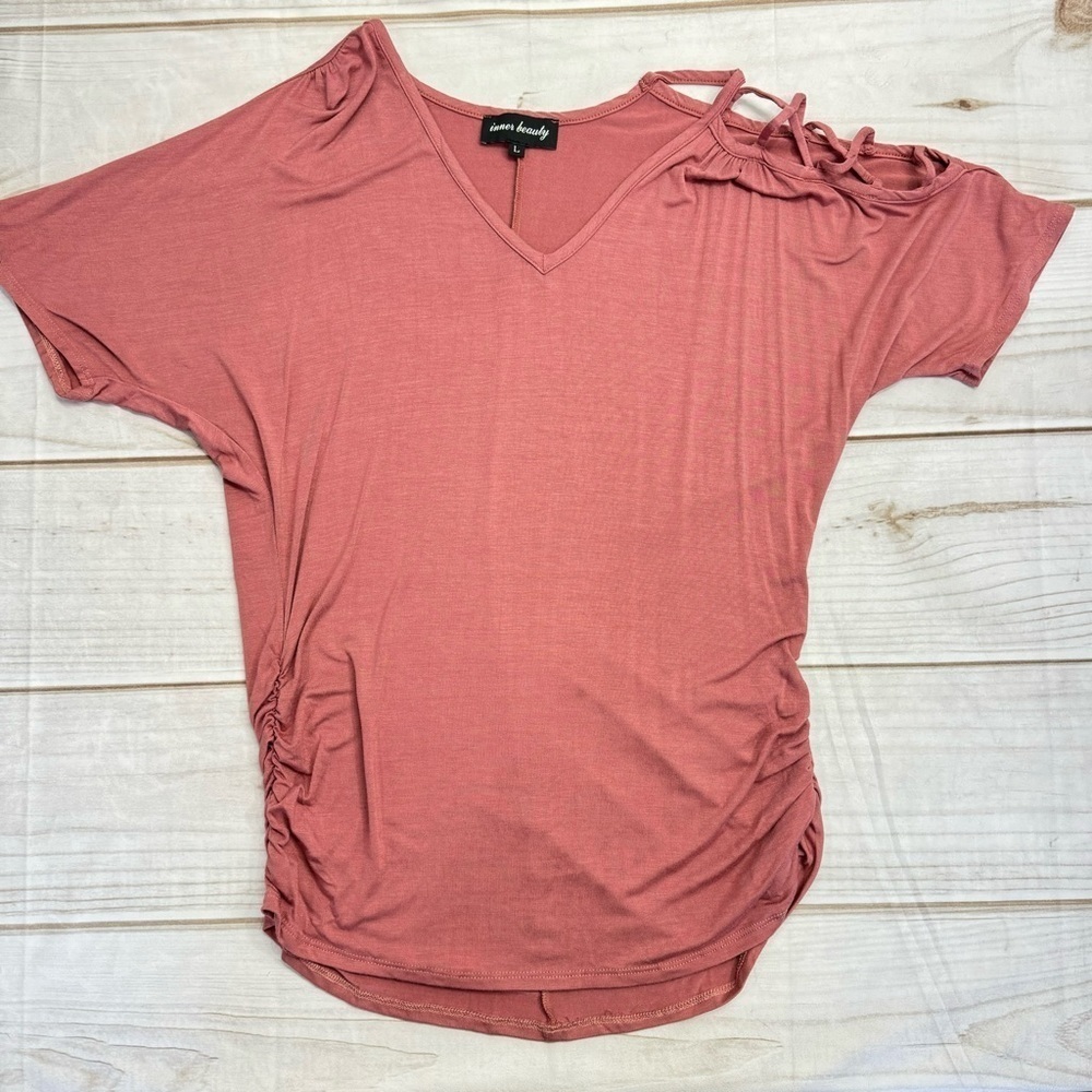 Inner Beauty Mauve Short Dolman Sleeve Single Shoulder Cutout Shirred Hem Top